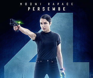 woman wearing black crew-neck t-shirt holding pistol digital wallpaper