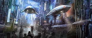 airship near buildings digital wallpaper, futuristic, futuristic city, science fiction