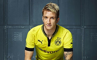 men's yellow Puma soccer jersey, BVB, Borussia Dortmund, soccer, Marco Reus