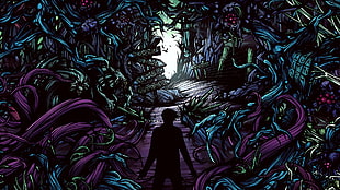 man walking through the black and gray vines illustration HD wallpaper