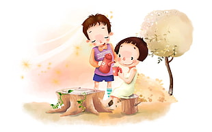 brown haired male and female sitting on wood trunk painting HD wallpaper