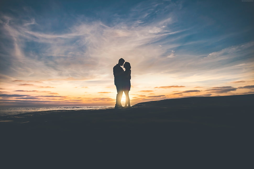 silhouette photo of man and woman standing during golden hour HD wallpaper