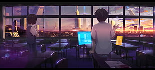 two anime characters facing window during daytime