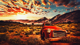red vehicle, road, USA, California, desert