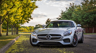 silver Mercedes-Benz luxury car, vehicle, sports car, German cars, car