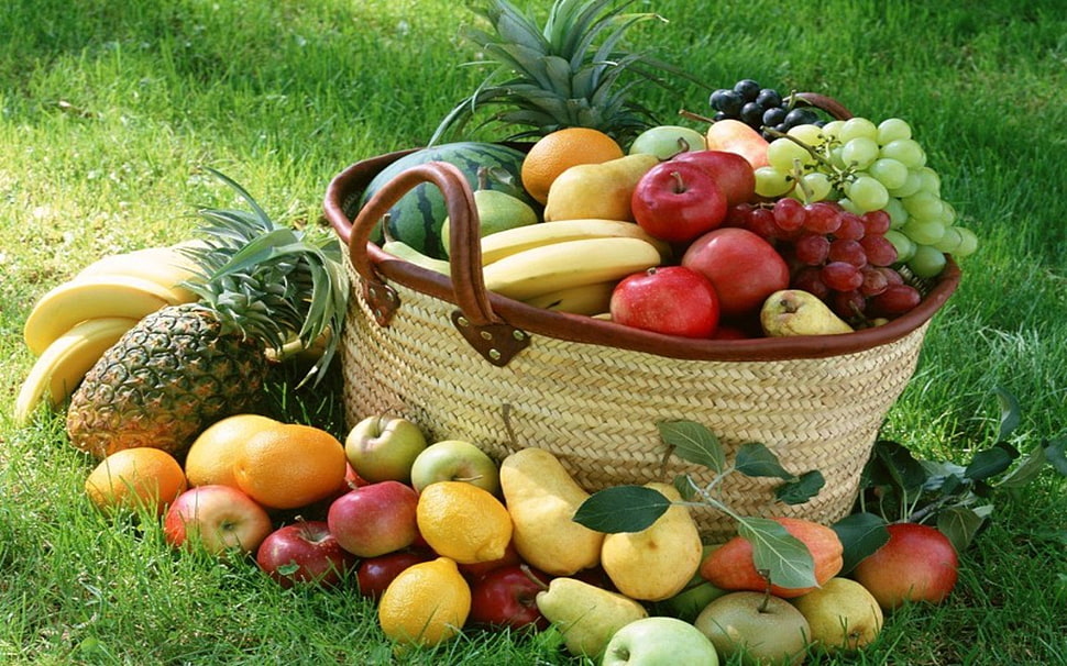 fruit lot, fruit, baskets, grapes, apples HD wallpaper