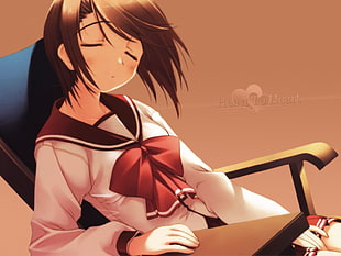 girl wearing white and red long-sleeved shirt anime character