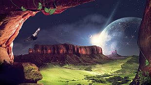 eagle flying beside rock momentum with full moon illustration