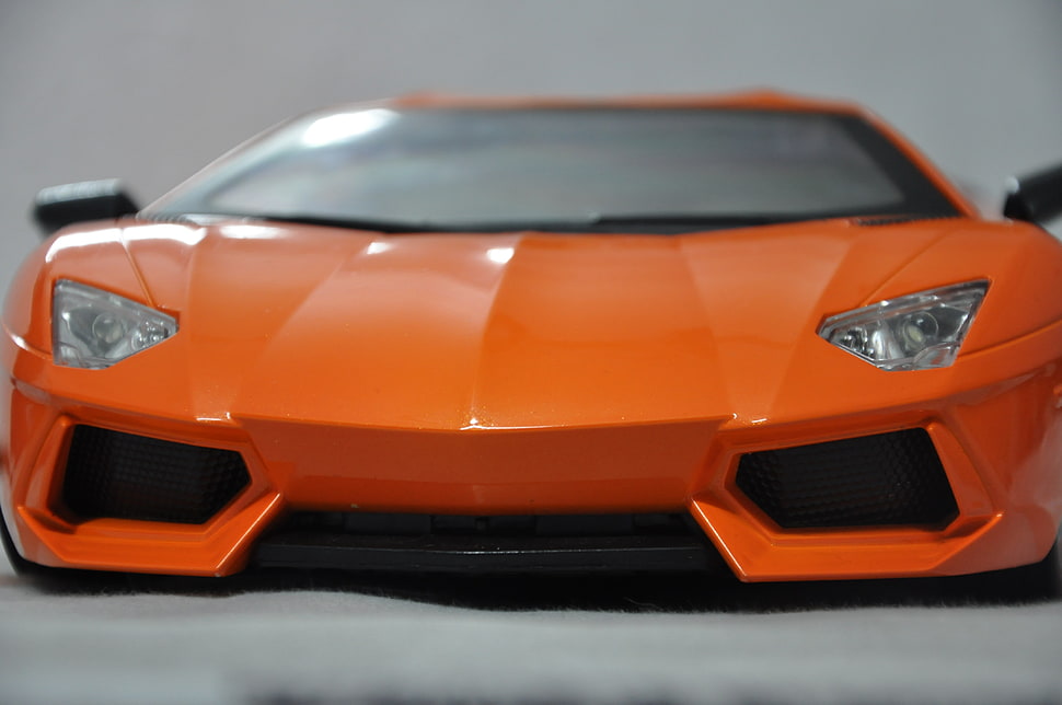 orange Lamborghini Aventador coupe scale model, photography, Lamborghini, diecast HD wallpaper
