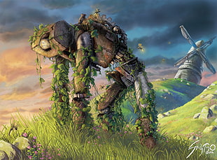 brown and gray robot on grass painting, robot, fantasy art, windmill