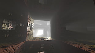 black and white wooden cabinet, CGI, lights, shadow, Menger sponge