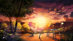 ladder playground illustration, sky, anime, cityscape, trees