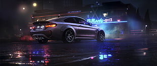 silver BMW coupe animation, ultra-wide, car, BMW, Need for Speed
