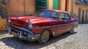 red Mercedes-Benz sedan, car, Cuba, Chevrolet