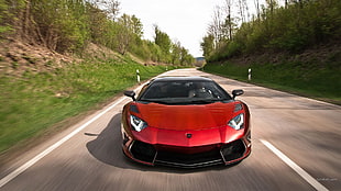 red sports car, Lamborghini Aventador, road, Super Car , car HD wallpaper