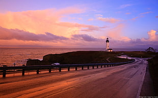 gray road guard, lighthouse, road, sea