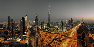 gray concrete building, cityscape, lights, long exposure, Dubai HD wallpaper