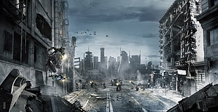 grayscale photo of city buildings, video games, futuristic, cityscape, science fiction