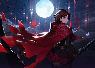 red haired woman wearing red cape and black dress anime character