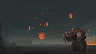 woman wearing brown top illustration, sky lanterns, windy, original characters, night