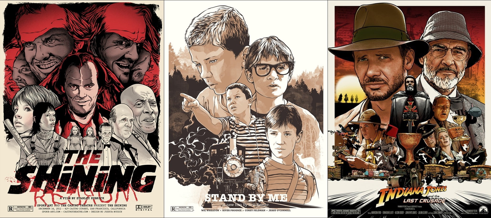 The Shining, Stand by Me, and Indiana Jones posters, joshua budich, movies, movie poster, Stanley Kubrick