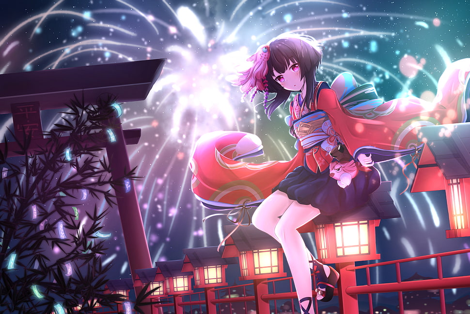 short black haired female anime character wearing kimono digital wallpaper, New Year, Kagura, Onmyoji HD wallpaper
