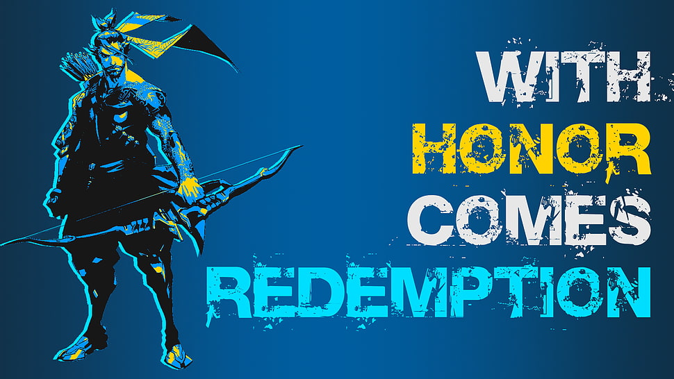 text overlay with blue background, Overwatch, Hanzo (Overwatch) HD wallpaper