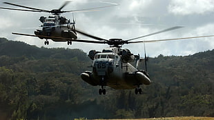 two gray helicopters about to land on ground