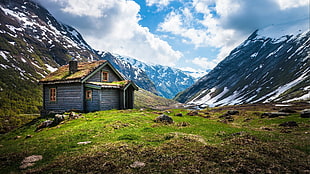 brown house, fjord, Norway, cabin, mountains HD wallpaper