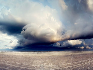 panoramic photo of brown plains under thick gray clouds, sky, anime, sea, storm HD wallpaper