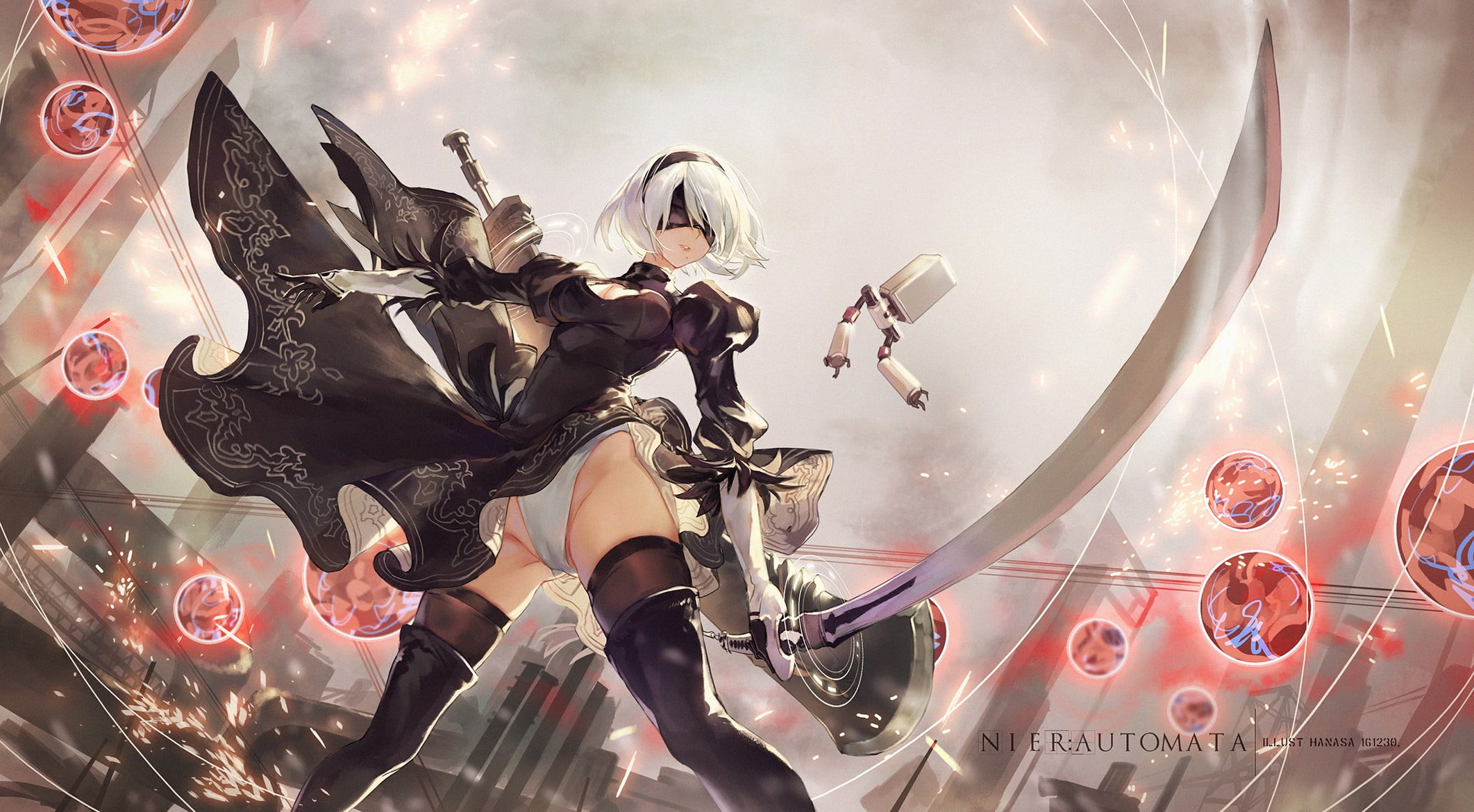 Nier: Automata's 2B digital wallpaper, black dress, NieR, Nier: Automata, 2B (Nier: Automata)