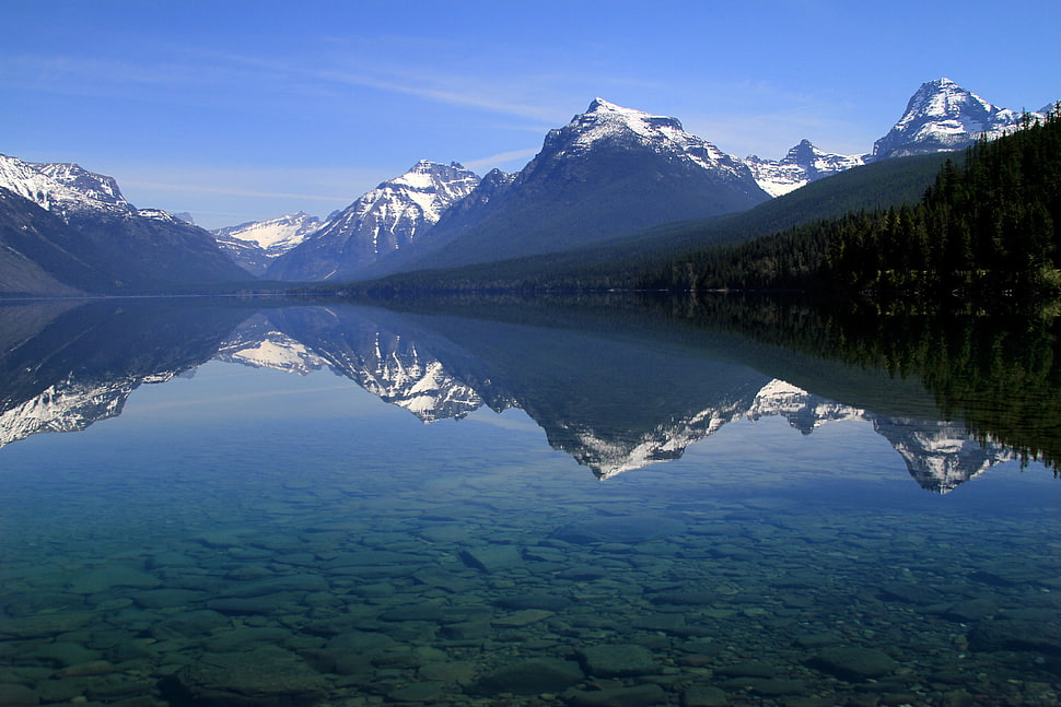clear body of water with mountain alps reflection, lake mcdonald HD wallpaper