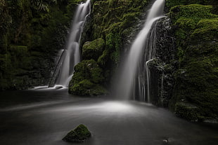two waterfalls in forest HD wallpaper