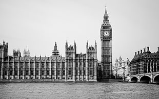 Big Ben, monochrome, London, Westminster, River Thames HD wallpaper
