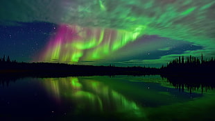 Aurora Borealis, nature, landscape, aurorae, reflection