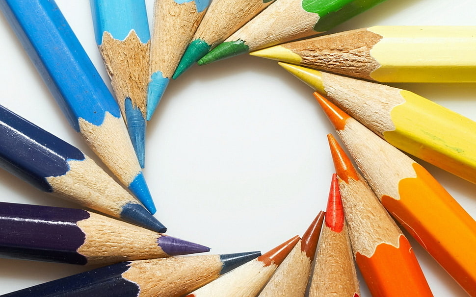 circle of colored pencils on white surface HD wallpaper