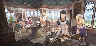 brown wooden table with chairs, maid outfit, books