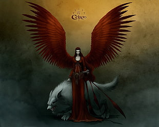 red woman with wing and wolf digital poster