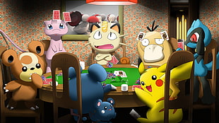 Pokemon version of Dog Playing Poker tapestry illustration HD wallpaper