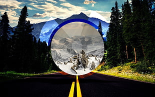 snowy mountain, trees, and gray asphalt road, landscape, sea, circle, polyscape