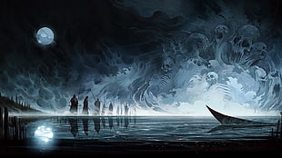 painting of people walking beside river, abstract, death, boat, skull