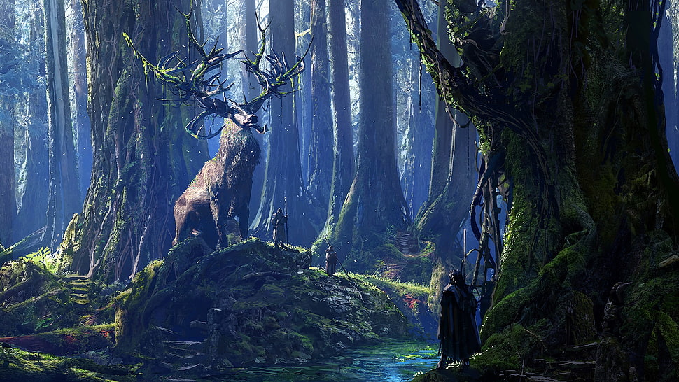 brown deer by the tree illustration HD wallpaper