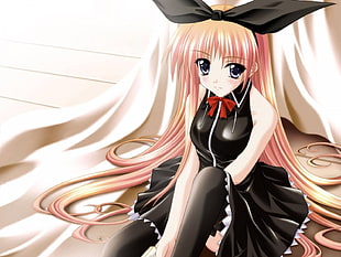 female anime character with pink hair and black dress