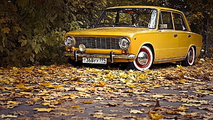 yellow sedan, car, old car, Russian cars, LADA