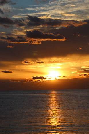 white clouds, sunlight, sea, sunset, water HD wallpaper