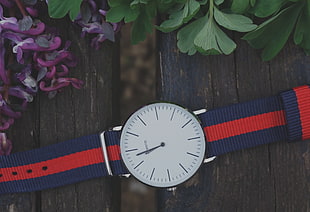 round silver-colored analog watch with red and blue band