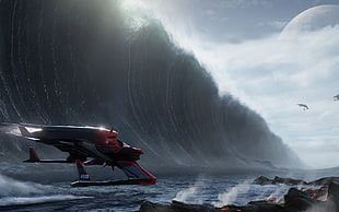 red plane over body of water with huge tidal wave wallpaper