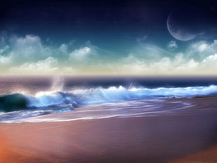 white and blue inflatable pool, fantasy art, sea, planet, beach HD wallpaper