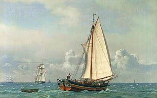 white and brown sailing ship on sea painting