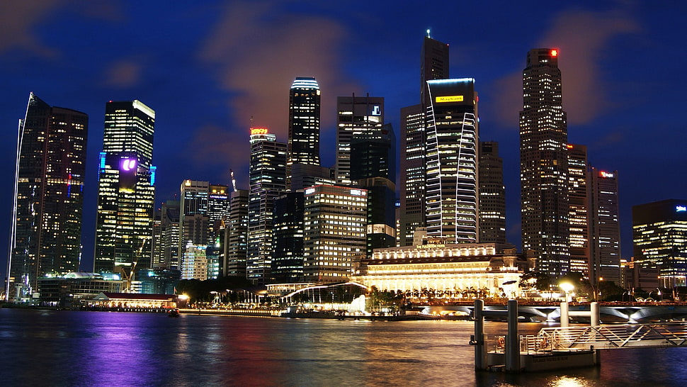 city buildings, city, cityscape, Singapore, night HD wallpaper